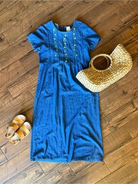 Vintage Bobbie Brooks Embroidered Denim Maxi Dress Sunflower Cottagecore Dress